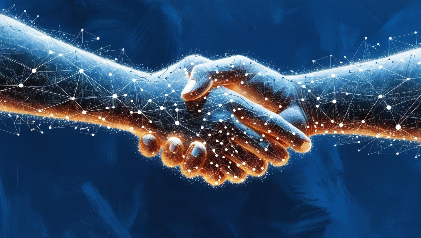 Two hands shaking, both of which are covered in interconnected data points, representing the large quantities of data involved in a merger or acquisition of companies.