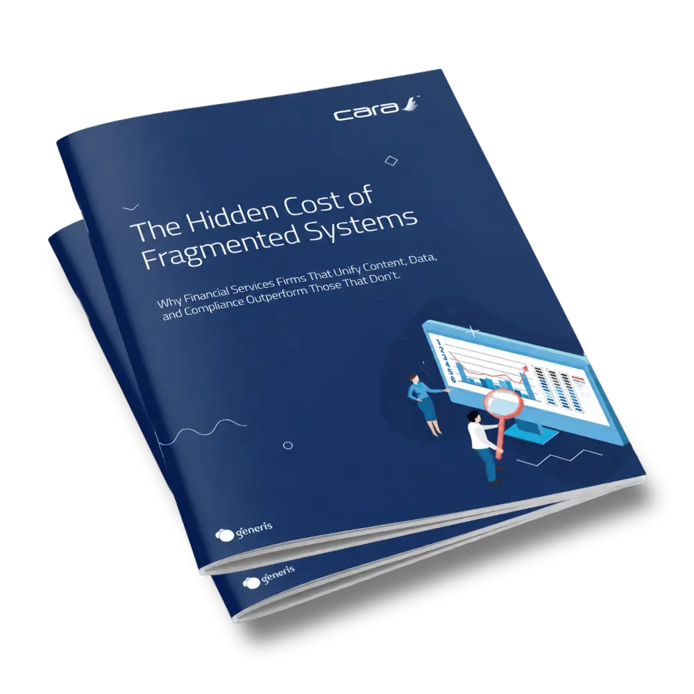 A stack of booklets titled "the hidden cost of fragmentation", Representing a physical version of the generis whitepaper.